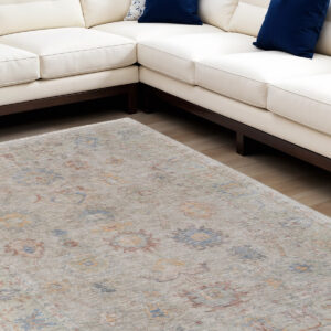 10' X 14' Tan Brown and Blue Floral Hand Woven Distressed Area Rug With Fringe
