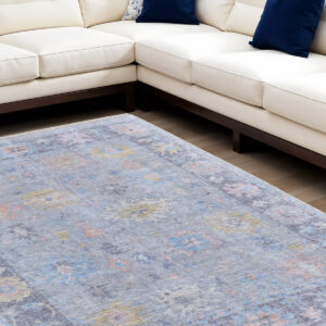 8' X 10' Orange Blue and Gold Floral Hand Woven Distressed Area Rug With Fringe