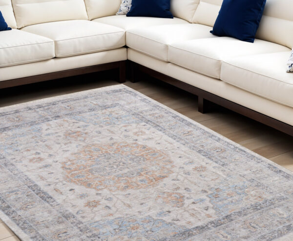 10' X 14' Ivory Blue and Orange Oriental Hand Woven Distressed Area Rug With Fringe