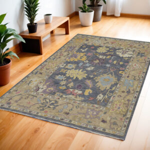 4' X 6' Gold Blue and Purple Wool Oriental Hand Knotted Area Rug With Fringe
