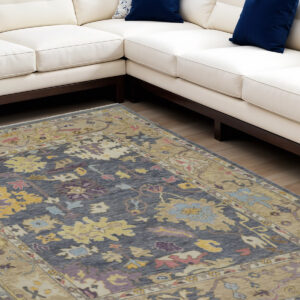 9' X 13' Gold Blue and Purple Wool Oriental Hand Knotted Area Rug With Fringe