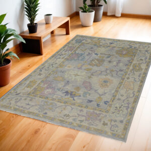 4' X 6' Purple Gray and Gold Wool Oriental Hand Knotted Area Rug With Fringe