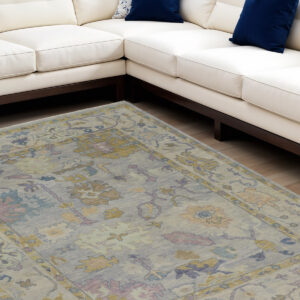 6' X 9' Purple Gray and Gold Wool Oriental Hand Knotted Area Rug With Fringe