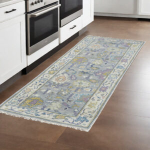 8' Purple Gray and Gold Wool Oriental Hand Knotted Runner Rug With Fringe