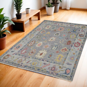 4' X 6' Gray Blue and Red Wool Oriental Hand Knotted Area Rug With Fringe
