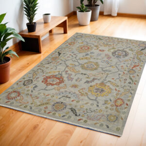 4' X 6' Gray Red and Yellow Wool Oriental Hand Knotted Area Rug With Fringe