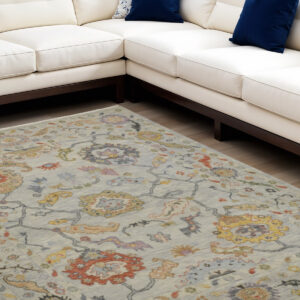 9' X 13' Gray Red and Yellow Wool Oriental Hand Knotted Area Rug With Fringe