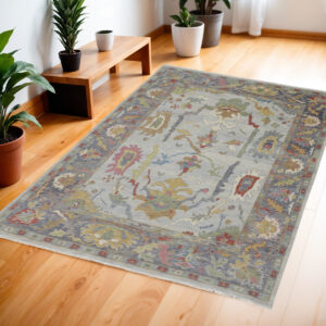 4' X 6' Gray Blue and Gold Wool Oriental Hand Knotted Area Rug With Fringe
