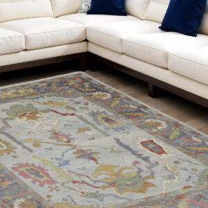 8' X 12' Gray Blue and Gold Wool Oriental Hand Knotted Area Rug With Fringe