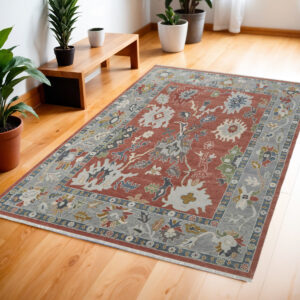4' X 6' Gray Red and Ivory Wool Floral Hand Knotted Area Rug With Fringe