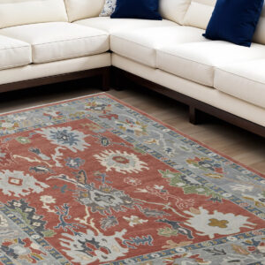 8' X 12' Gray Red and Ivory Wool Floral Hand Knotted Area Rug With Fringe