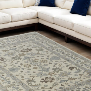 8' X 12' Ivory Gray and Brown Wool Floral Hand Knotted Area Rug With Fringe