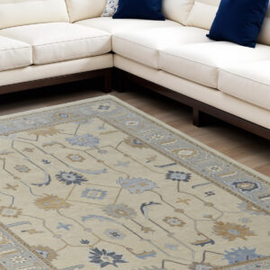 6' X 9' Gray Ivory and Blue Wool Floral Hand Knotted Area Rug With Fringe