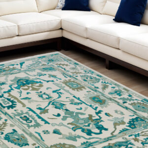 6' X 9' Green and Ivory Wool Floral Hand Knotted Area Rug With Fringe