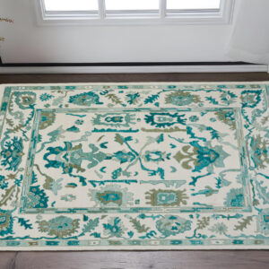 2' X 3' Green and Ivory Wool Floral Hand Knotted Area Rug With Fringe