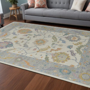 9' X 13' Gray Ivory and Orange Wool Floral Hand Knotted Area Rug With Fringe