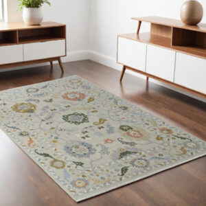 4' X 6' Gray Ivory and Gold Wool Floral Hand Knotted Area Rug With Fringe