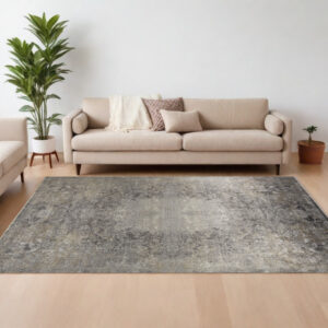 8' X 10' Tan and Gray Oriental Power Loom Worn Faded Area Rug
