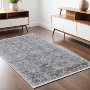 4' X 5' Gray and Silver Damask Power Loom Worn Faded Area Rug