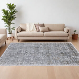 12' X 15' Gray and Silver Damask Power Loom Worn Faded Area Rug