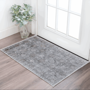 2' X 3' Gray and Silver Damask Power Loom Worn Faded Area Rug