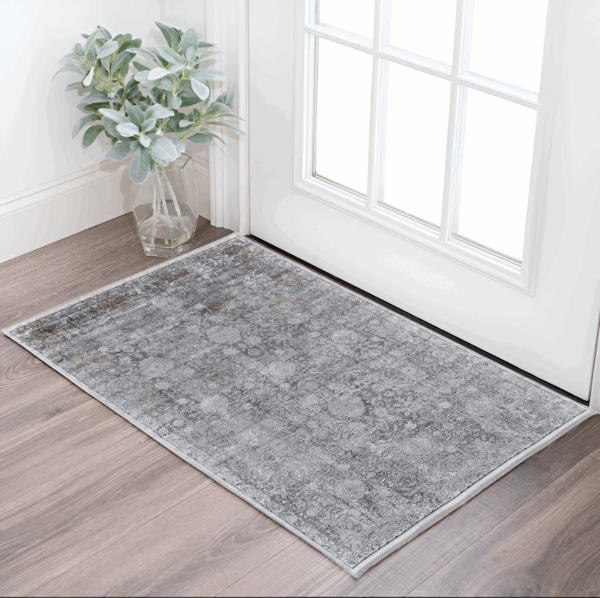 2' X 3' Gray and Silver Damask Power Loom Worn Faded Area Rug