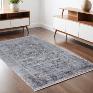4' X 5' Gray and Silver Oriental Power Loom Worn Faded Area Rug