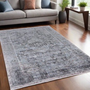 5' X 7' Gray and Silver Oriental Power Loom Worn Faded Area Rug