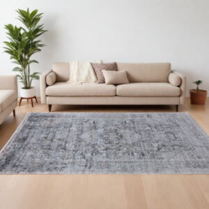 12' X 15' Gray and Silver Oriental Power Loom Worn Faded Area Rug