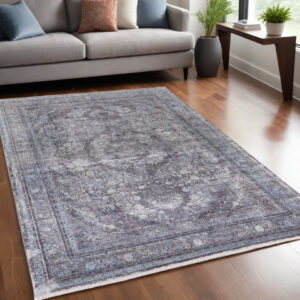5' X 7' Gray and Silver Oriental Power Loom Worn Faded Area Rug