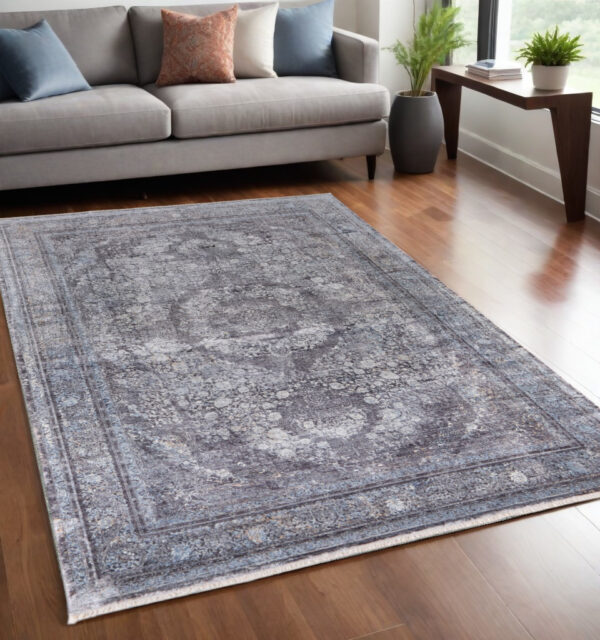 5' X 7' Gray and Silver Oriental Power Loom Worn Faded Area Rug