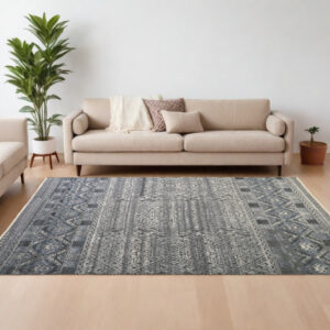 6' X 9' Gray Ivory and Blue Geometric Hand Knotted Area Rug