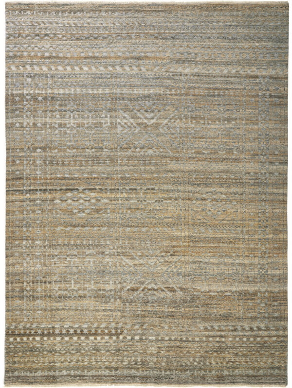 12' X 15' Gold and Tan Geometric Hand Knotted Worn Faded Area Rug
