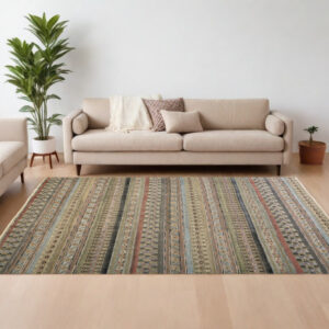6' X 9' Tan Blue and Orange Striped Hand Knotted Area Rug