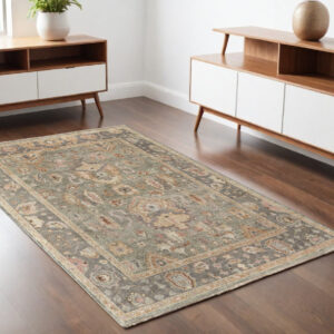4' X 6' Gray and Gold Wool Oriental Hand Knotted Area Rug With Fringe