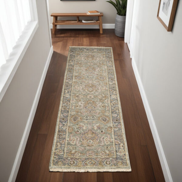 8' Gray and Gold Wool Oriental Hand Knotted Runner Rug With Fringe