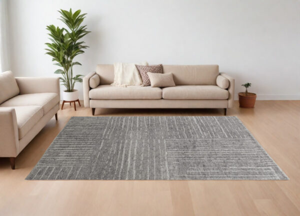 8' X 12' Gray and Ivory Wool Checkered Hand Knotted Worn Faded Area Rug