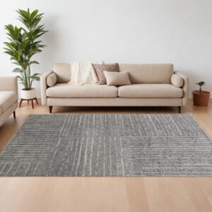 9' X 13' Gray and Ivory Wool Checkered Hand Knotted Worn Faded Area Rug