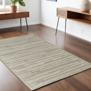 4' X 6' White and Tan Wool Striped Hand Woven Area Rug