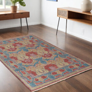 4' X 6' Blue Red and Yellow Wool Oriental Hand Knotted Area Rug