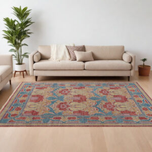 8' X 12' Blue Red and Yellow Wool Oriental Hand Knotted Area Rug