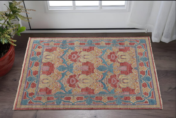 2' X 3' Blue Red and Yellow Wool Oriental Hand Knotted Area Rug