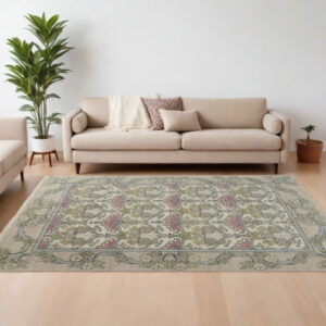 9' X 13' Ivory Gray and Pink Wool Floral Hand Knotted Area Rug
