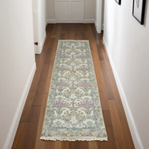 8' Ivory Gray and Pink Wool Floral Hand Knotted Runner Rug