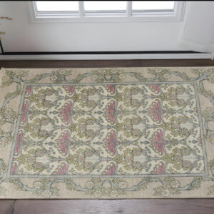 2' X 3' Ivory Gray and Pink Wool Floral Hand Knotted Area Rug