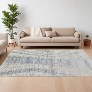 8' X 10' Ivory Gray and Blue Abstract Hand Knotted Worn Faded Area Rug