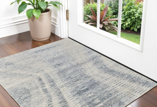 2' X 3' Ivory Gray and Blue Abstract Hand Knotted Worn Faded Area Rug