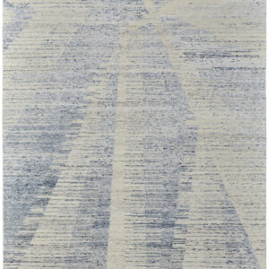 8' X 10' Ivory and Blue Abstract Hand Knotted Worn Faded Area Rug