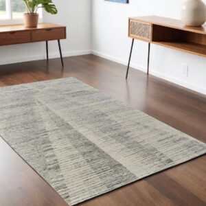 4' X 6' Ivory and Gray Abstract Hand Knotted Worn Faded Area Rug