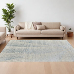 6' X 9' Ivory and Blue Abstract Hand Knotted Worn Faded Area Rug